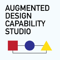 logo of Augmented Design Capability Studio, showing a person standing on a box with feedback arros between the box and the person. The letters A, D, C represent the lab name.