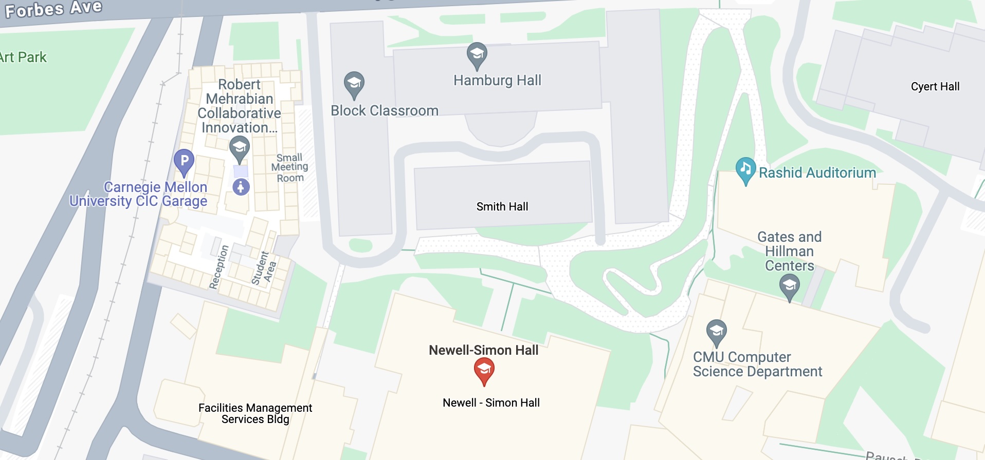 An image of google maps showing Newell-Simon Hall of Carnegie Mellon University embedded in Pittsburgh, Pennsylvania