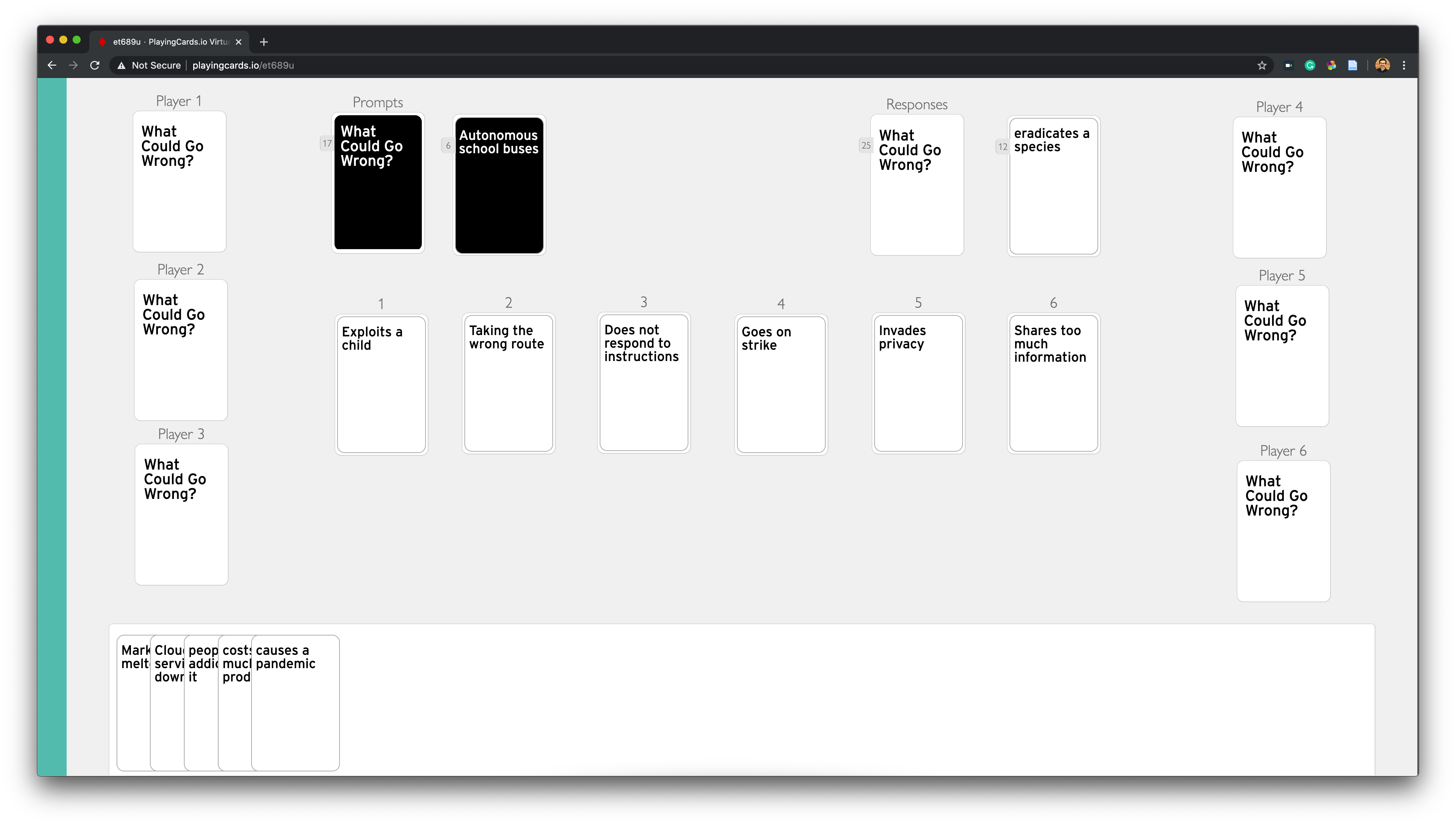 Online What Could Go Wrong card game on PlayingCards.io
